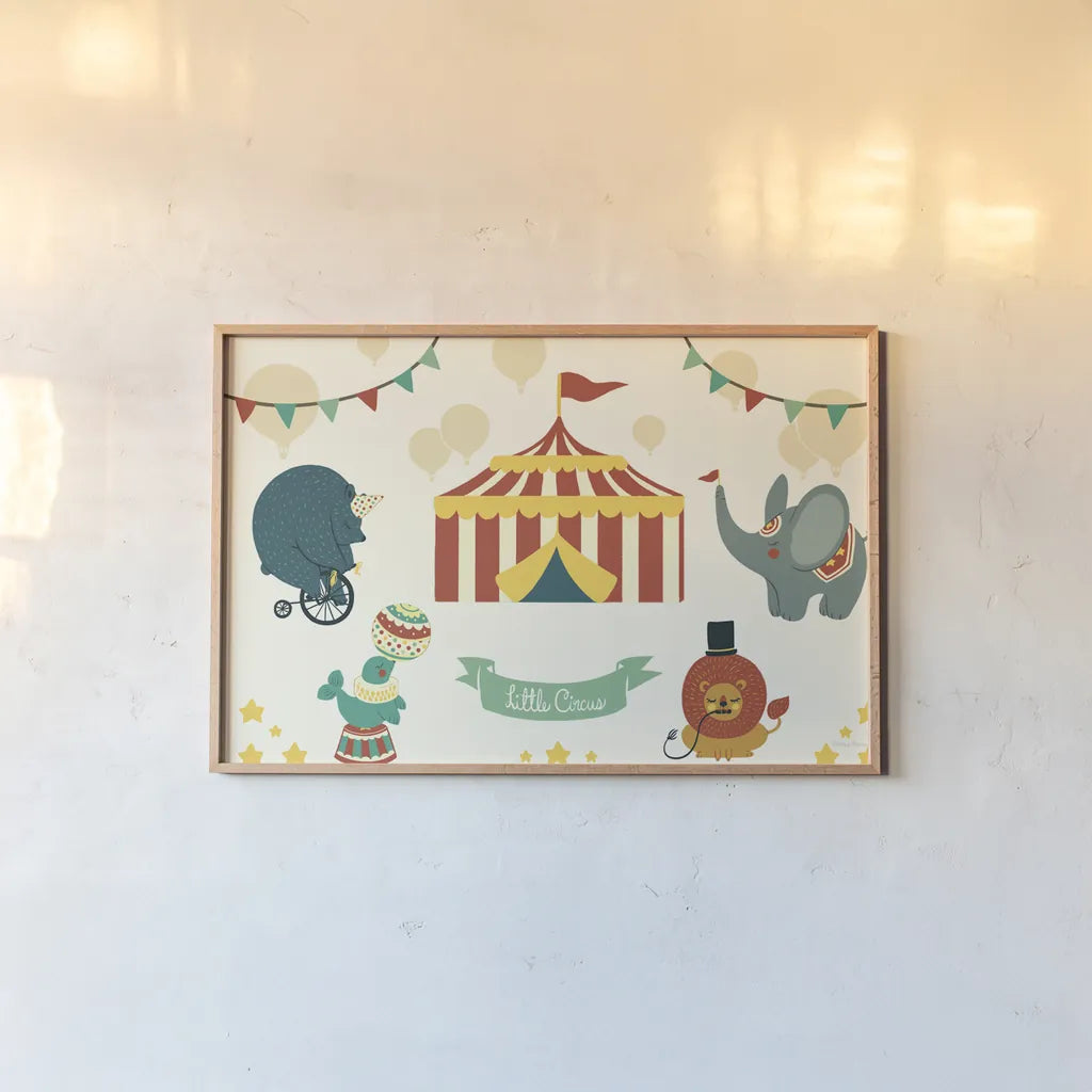 Little Circus by Cleonique Hilsaca. shown as a paper print in a natural frame. Available as a archival giclee rolled canvas, fine art paper, or poster print. SKU 38556i.
