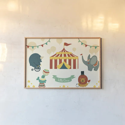 Little Circus by Cleonique Hilsaca. shown as a paper print in a natural frame. Available as a archival giclee rolled canvas, fine art paper, or poster print. SKU 38556i.