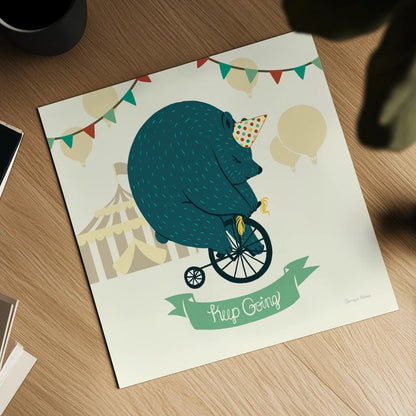 Little Circus Bear by Cleonique Hilsaca. Shown as a detailed flat fine art print, highlighting archival giclee quality. Available as an archival giclee rolled canvas, fine art paper, or poster print. SKU 28369a.