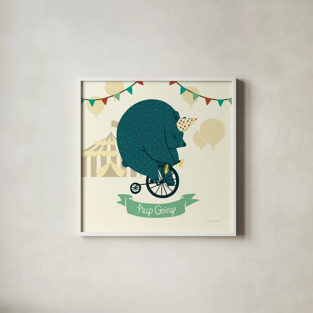 Little Circus Bear by Cleonique Hilsaca. Shown in a crisp white glass frame for a clean and minimalist style. Available as an archival giclee rolled canvas, fine art paper, or poster print. SKU 28369a.