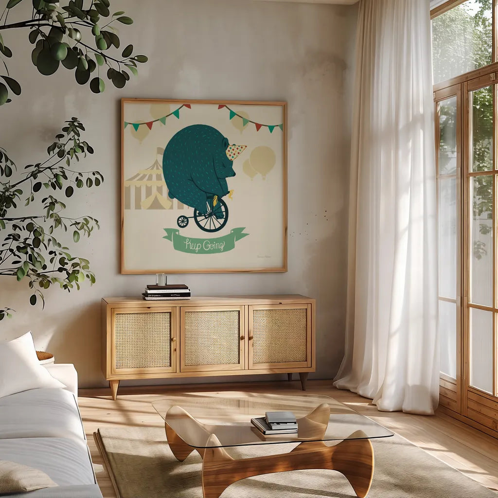 Little Circus Bear by Cleonique Hilsaca. Shown in a natural wood frame in a cozy modern living room. Available as an archival giclee rolled canvas, fine art paper, or poster print. SKU 28369a.