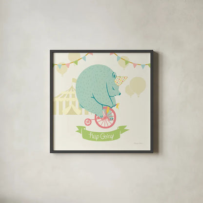 Little Circus Bear Pastel by Cleonique Hilsaca. Shown in a sleek black glass frame for a contemporary gallery look. Available as an archival giclee rolled canvas, fine art paper, or poster print. SKU 23928a.