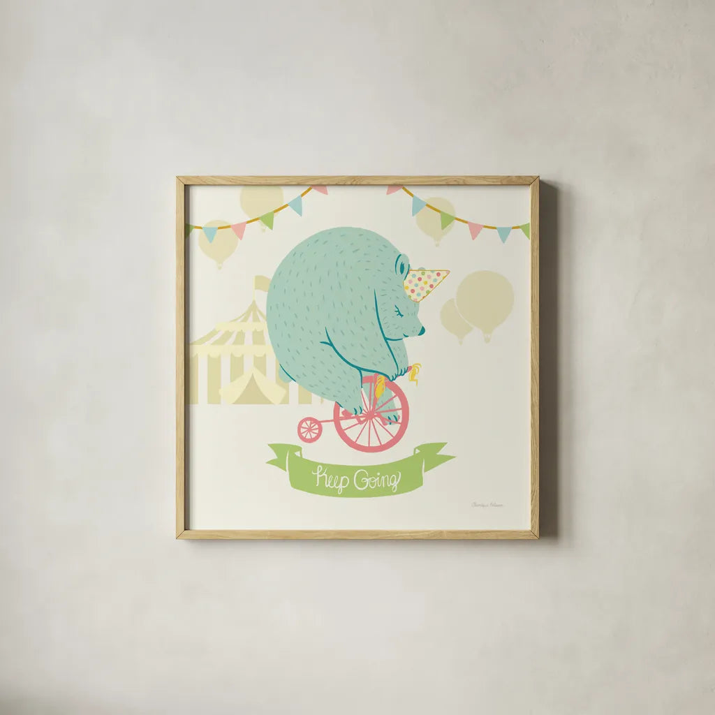 Little Circus Bear Pastel by Cleonique Hilsaca. Shown in a natural wood glass frame for a timeless modern aesthetic. Available as an archival giclee rolled canvas, fine art paper, or poster print. SKU 23928a.