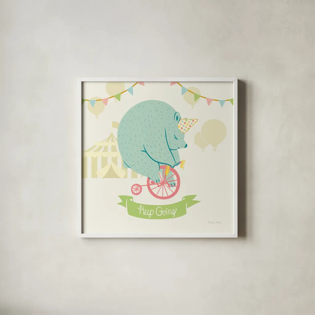 Little Circus Bear Pastel by Cleonique Hilsaca. Shown in a crisp white glass frame for a clean and minimalist style. Available as an archival giclee rolled canvas, fine art paper, or poster print. SKU 23928a.