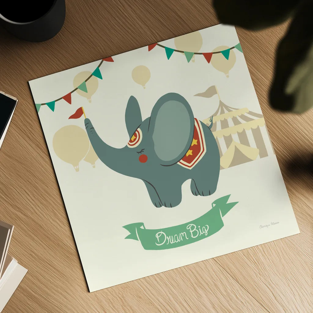 Little Circus Elephant by Cleonique Hilsaca. Shown as a detailed flat fine art print, highlighting archival giclee quality. Available as an archival giclee rolled canvas, fine art paper, or poster print. SKU 17729a.