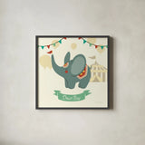 Little Circus Elephant by Cleonique Hilsaca. Shown in a sleek black glass frame for a contemporary gallery look. Available as an archival giclee rolled canvas, fine art paper, or poster print. SKU 17729a.
