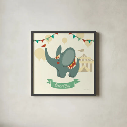 Little Circus Elephant by Cleonique Hilsaca. Shown in a sleek black glass frame for a contemporary gallery look. Available as an archival giclee rolled canvas, fine art paper, or poster print. SKU 17729a.