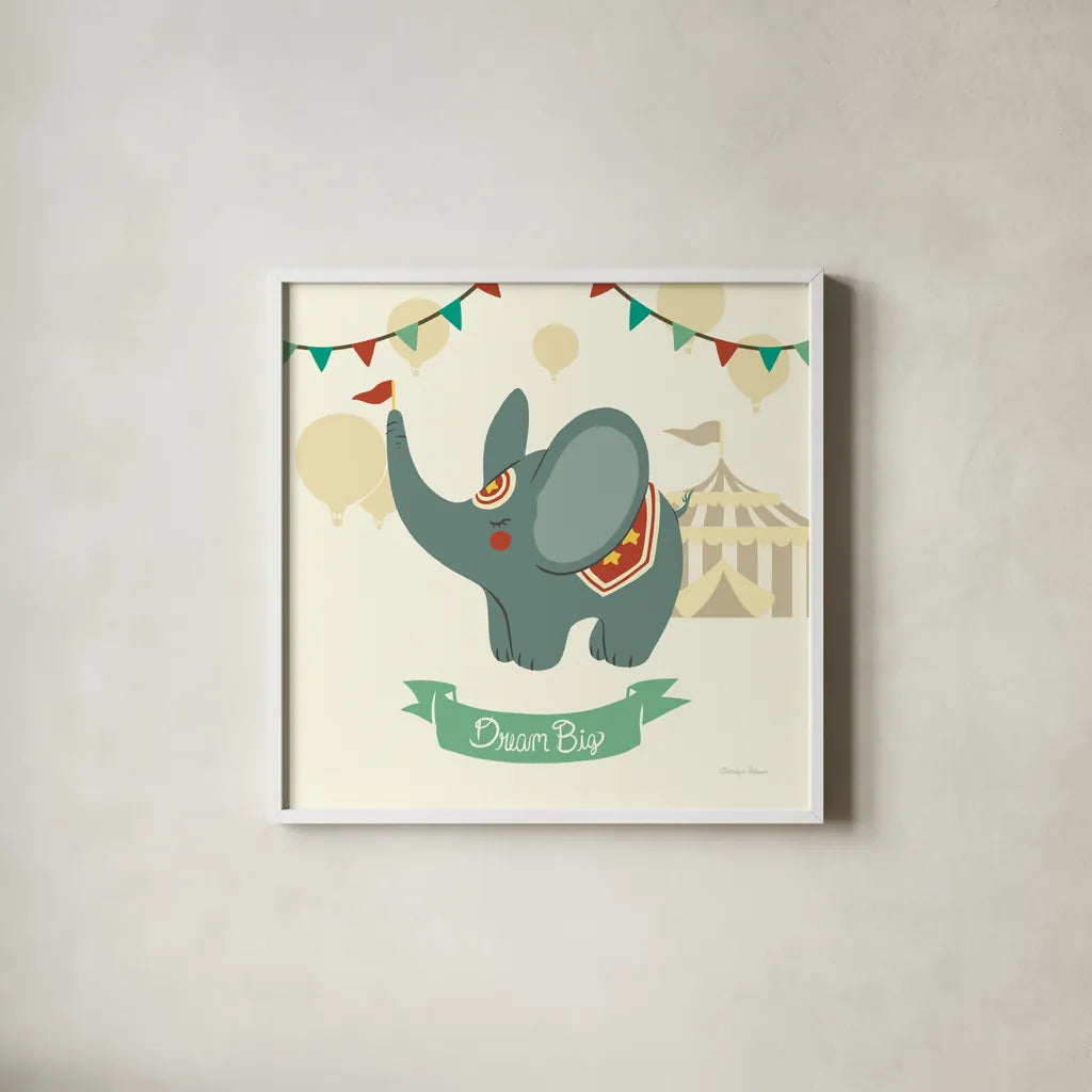 Little Circus Elephant by Cleonique Hilsaca. Shown in a crisp white glass frame for a clean and minimalist style. Available as an archival giclee rolled canvas, fine art paper, or poster print. SKU 17729a.