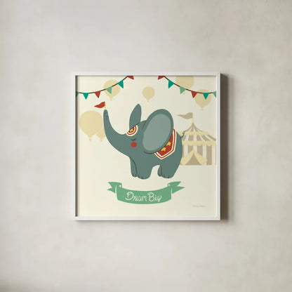 Little Circus Elephant by Cleonique Hilsaca. Shown in a crisp white glass frame for a clean and minimalist style. Available as an archival giclee rolled canvas, fine art paper, or poster print. SKU 17729a.