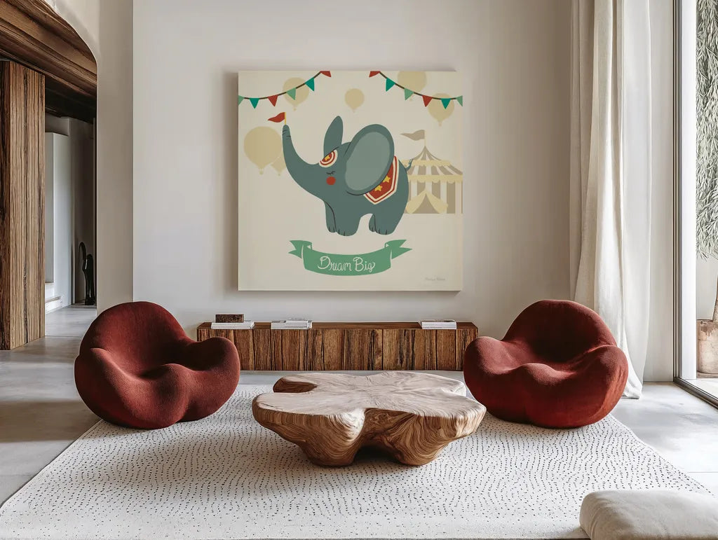 Little Circus Elephant by Cleonique Hilsaca. Shown as extra-large giant wall art in a modern living room. Available as an archival giclee rolled canvas, fine art paper, or poster print. SKU 17729a.