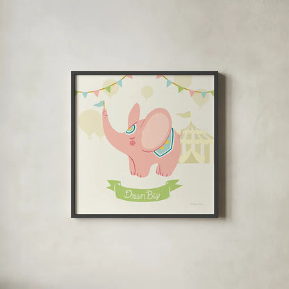 Little Circus Elephant Pastel by Cleonique Hilsaca. Shown in a sleek black glass frame for a contemporary gallery look. Available as an archival giclee rolled canvas, fine art paper, or poster print. SKU 23929a.
