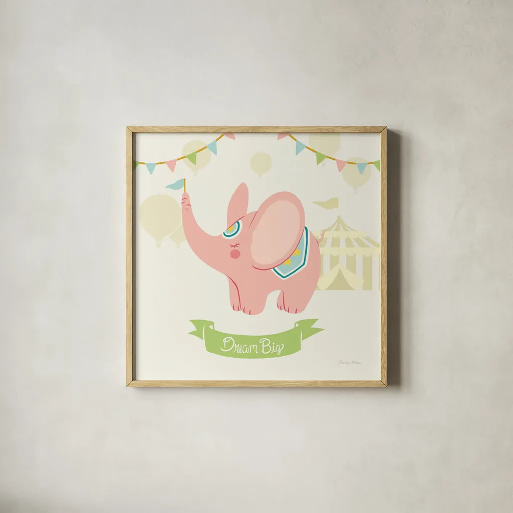 Little Circus Elephant Pastel by Cleonique Hilsaca. Shown in a natural wood glass frame for a timeless modern aesthetic. Available as an archival giclee rolled canvas, fine art paper, or poster print. SKU 23929a.