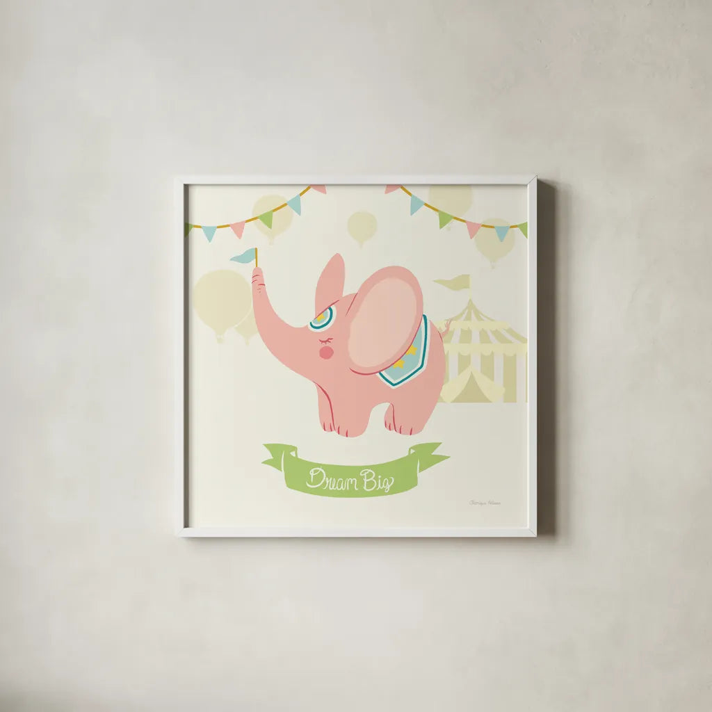 Little Circus Elephant Pastel by Cleonique Hilsaca. Shown in a crisp white glass frame for a clean and minimalist style. Available as an archival giclee rolled canvas, fine art paper, or poster print. SKU 23929a.
