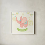 Little Circus Elephant Pastel by Cleonique Hilsaca. Shown in a crisp white glass frame for a clean and minimalist style. Available as an archival giclee rolled canvas, fine art paper, or poster print. SKU 23929a.