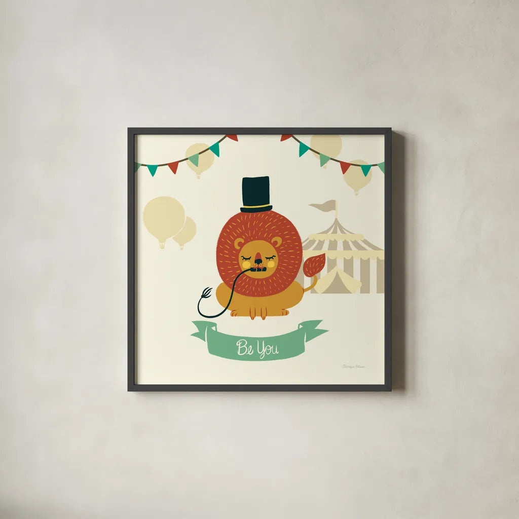 Little Circus Lion by Cleonique Hilsaca. Shown in a sleek black glass frame for a contemporary gallery look. Available as an archival giclee rolled canvas, fine art paper, or poster print. SKU 30806a.