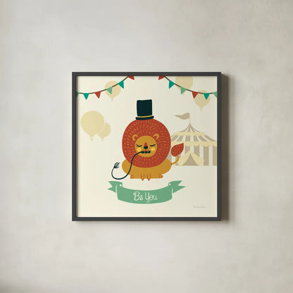Little Circus Lion by Cleonique Hilsaca. Shown in a sleek black glass frame for a contemporary gallery look. Available as an archival giclee rolled canvas, fine art paper, or poster print. SKU 30806a.
