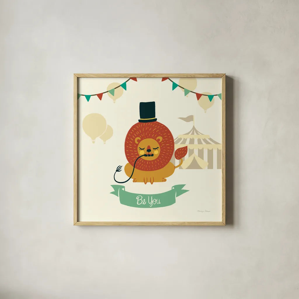 Little Circus Lion by Cleonique Hilsaca. Shown in a natural wood glass frame for a timeless modern aesthetic. Available as an archival giclee rolled canvas, fine art paper, or poster print. SKU 30806a.
