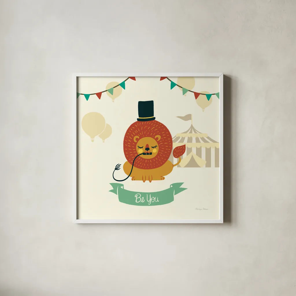Little Circus Lion by Cleonique Hilsaca. Shown in a crisp white glass frame for a clean and minimalist style. Available as an archival giclee rolled canvas, fine art paper, or poster print. SKU 30806a.