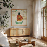 Little Circus Lion by Cleonique Hilsaca. Shown in a natural wood frame in a cozy modern living room. Available as an archival giclee rolled canvas, fine art paper, or poster print. SKU 30806a.