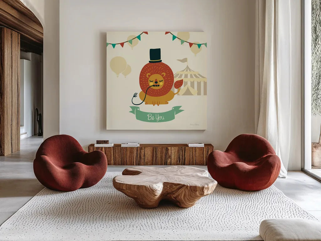 Little Circus Lion by Cleonique Hilsaca. Shown as extra-large giant wall art in a modern living room. Available as an archival giclee rolled canvas, fine art paper, or poster print. SKU 30806a.