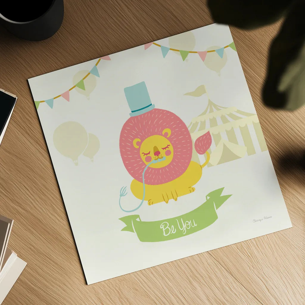 Little Circus Lion Pastel by Cleonique Hilsaca. Shown as a detailed flat fine art print, highlighting archival giclee quality. Available as an archival giclee rolled canvas, fine art paper, or poster print. SKU 23931a.