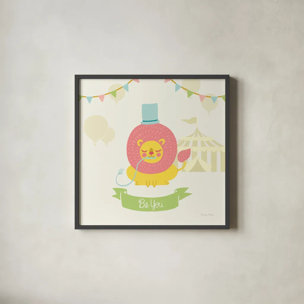 Little Circus Lion Pastel by Cleonique Hilsaca. Shown in a sleek black glass frame for a contemporary gallery look. Available as an archival giclee rolled canvas, fine art paper, or poster print. SKU 23931a.
