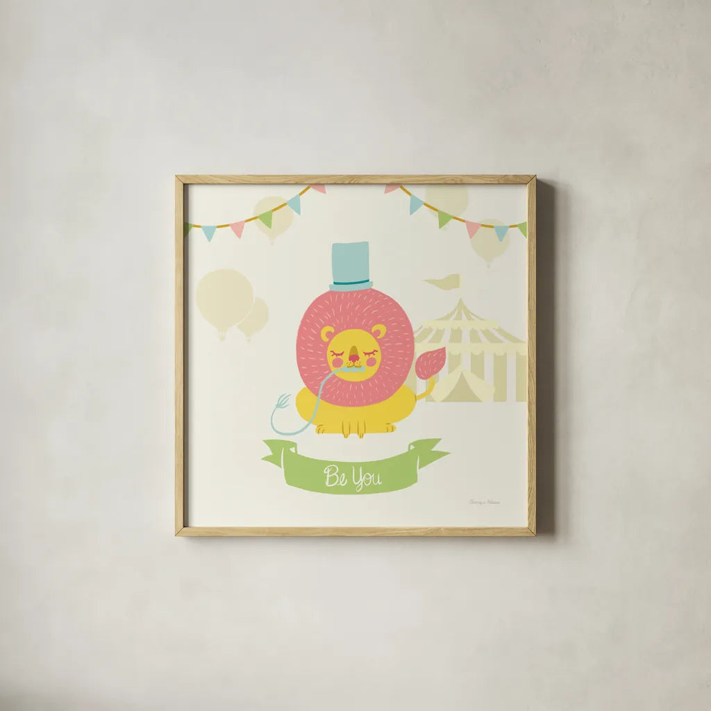 Little Circus Lion Pastel by Cleonique Hilsaca. Shown in a natural wood glass frame for a timeless modern aesthetic. Available as an archival giclee rolled canvas, fine art paper, or poster print. SKU 23931a.
