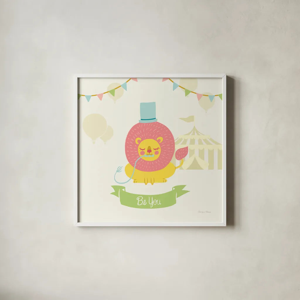 Little Circus Lion Pastel by Cleonique Hilsaca. Shown in a crisp white glass frame for a clean and minimalist style. Available as an archival giclee rolled canvas, fine art paper, or poster print. SKU 23931a.