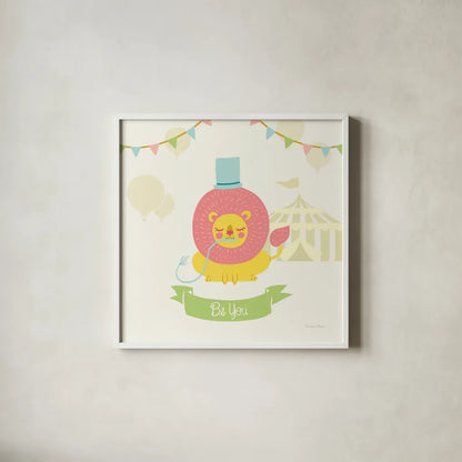 Little Circus Lion Pastel by Cleonique Hilsaca. Shown in a crisp white glass frame for a clean and minimalist style. Available as an archival giclee rolled canvas, fine art paper, or poster print. SKU 23931a.