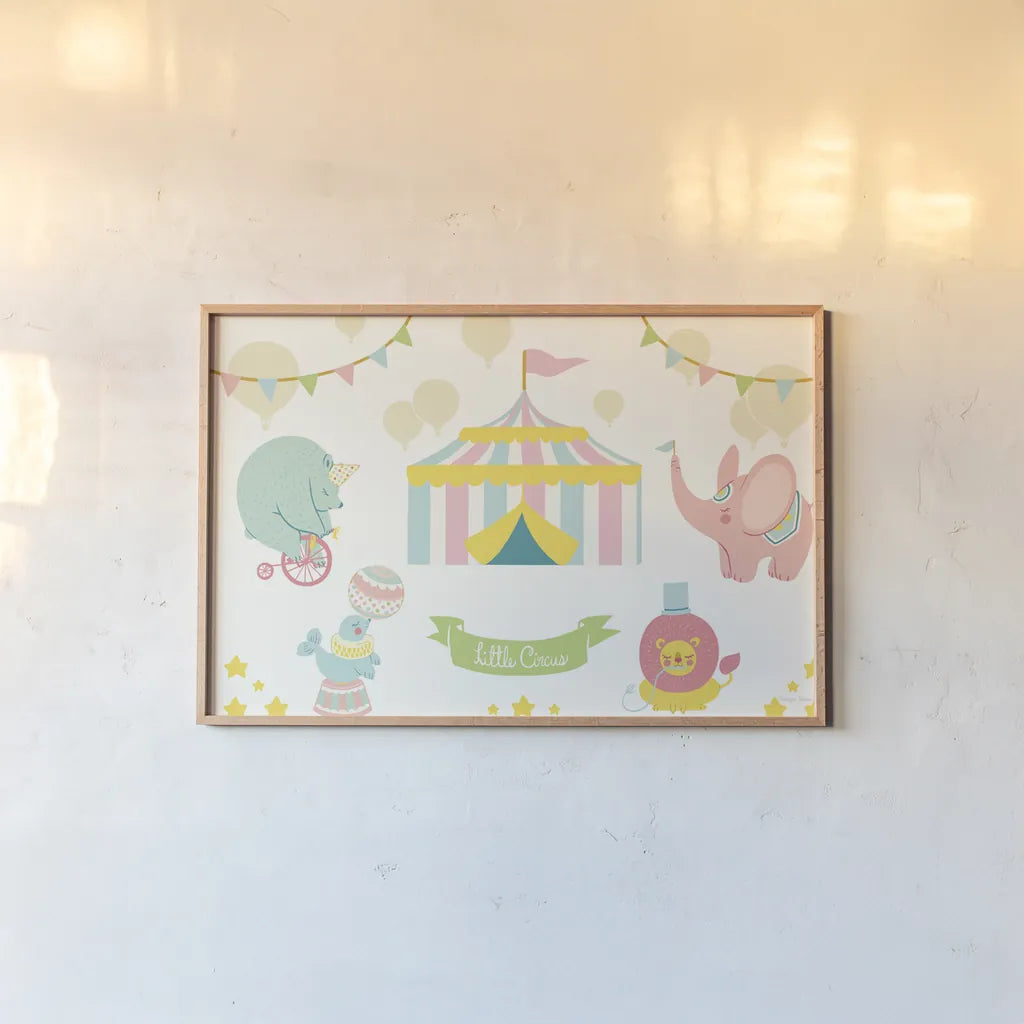 Little Circus Pastel by Cleonique Hilsaca. shown as a paper print in a natural frame. Available as a archival giclee rolled canvas, fine art paper, or poster print. SKU 31576i.