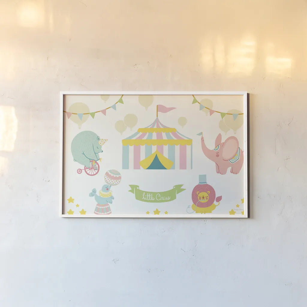 Little Circus Pastel by Cleonique Hilsaca. shown as a paper print in a white frame. Available as a archival giclee rolled canvas, fine art paper, or poster print. SKU 31576i.