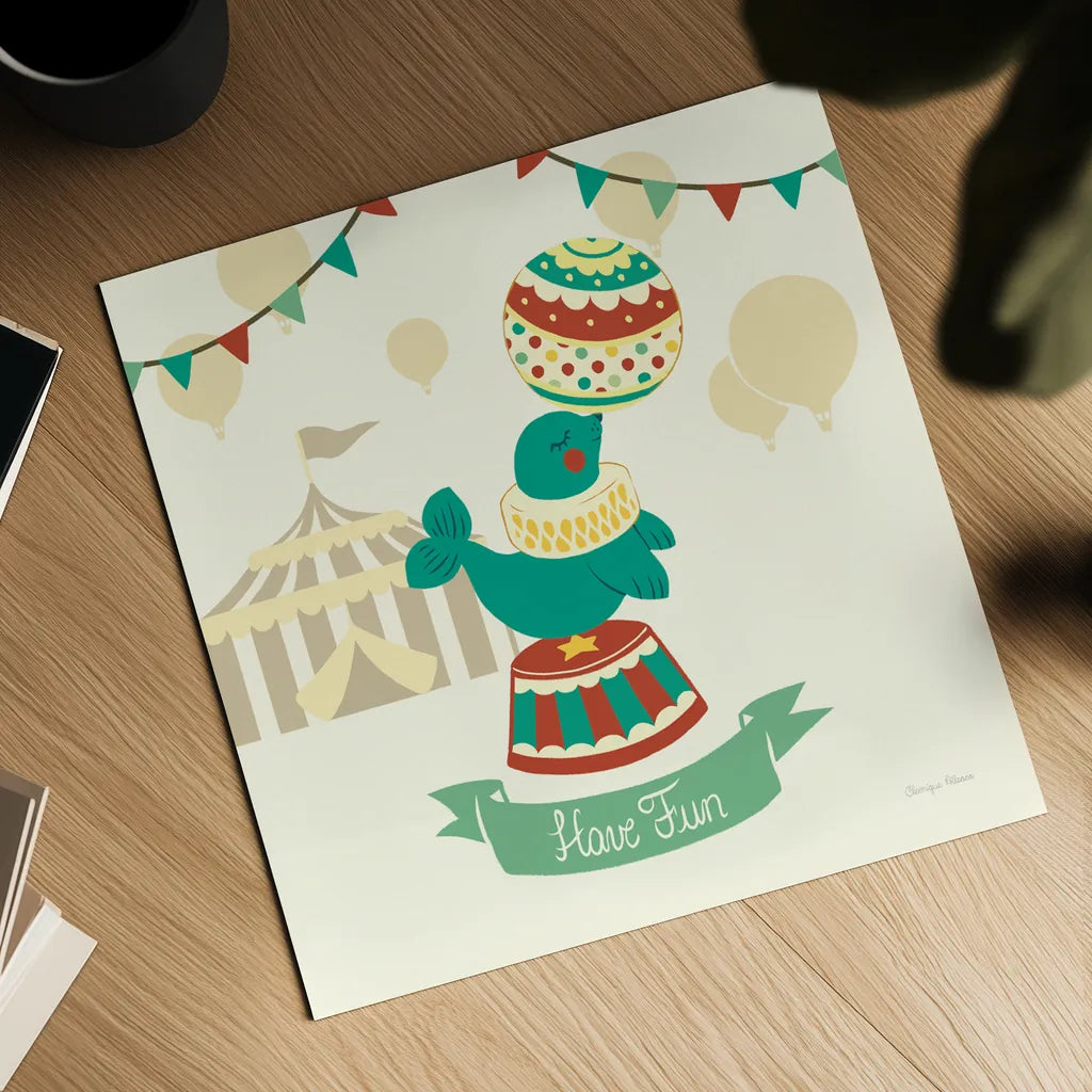 Little Circus Seal by Cleonique Hilsaca. Shown as a detailed flat fine art print, highlighting archival giclee quality. Available as an archival giclee rolled canvas, fine art paper, or poster print. SKU 17730a.