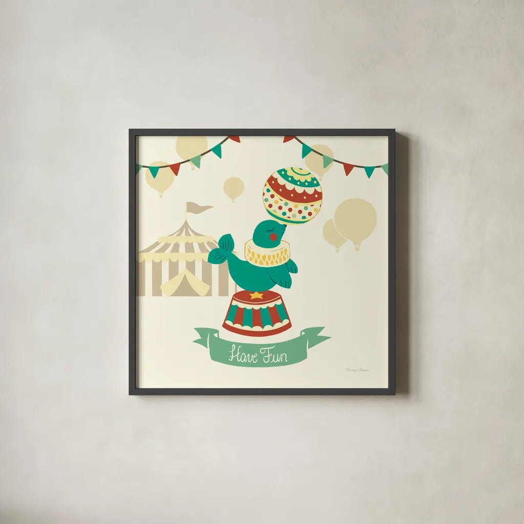 Little Circus Seal by Cleonique Hilsaca. Shown in a sleek black glass frame for a contemporary gallery look. Available as an archival giclee rolled canvas, fine art paper, or poster print. SKU 17730a.