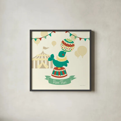 Little Circus Seal by Cleonique Hilsaca. Shown in a sleek black glass frame for a contemporary gallery look. Available as an archival giclee rolled canvas, fine art paper, or poster print. SKU 17730a.