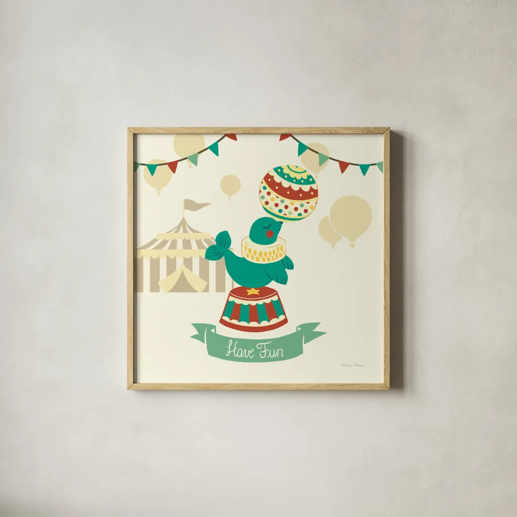 Little Circus Seal by Cleonique Hilsaca. Shown in a natural wood glass frame for a timeless modern aesthetic. Available as an archival giclee rolled canvas, fine art paper, or poster print. SKU 17730a.