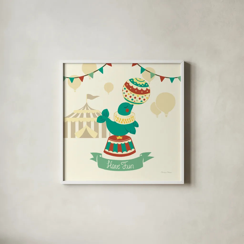 Little Circus Seal by Cleonique Hilsaca. Shown in a crisp white glass frame for a clean and minimalist style. Available as an archival giclee rolled canvas, fine art paper, or poster print. SKU 17730a.