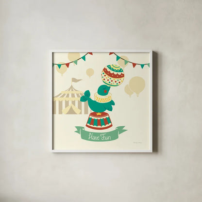Little Circus Seal by Cleonique Hilsaca. Shown in a crisp white glass frame for a clean and minimalist style. Available as an archival giclee rolled canvas, fine art paper, or poster print. SKU 17730a.