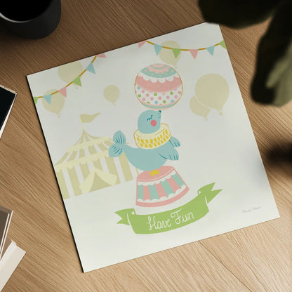 Little Circus Seal Pastel by Cleonique Hilsaca. Shown as a detailed flat fine art print, highlighting archival giclee quality. Available as an archival giclee rolled canvas, fine art paper, or poster print. SKU 23930a.