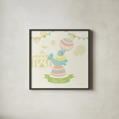 Little Circus Seal Pastel by Cleonique Hilsaca. Shown in a sleek black glass frame for a contemporary gallery look. Available as an archival giclee rolled canvas, fine art paper, or poster print. SKU 23930a.