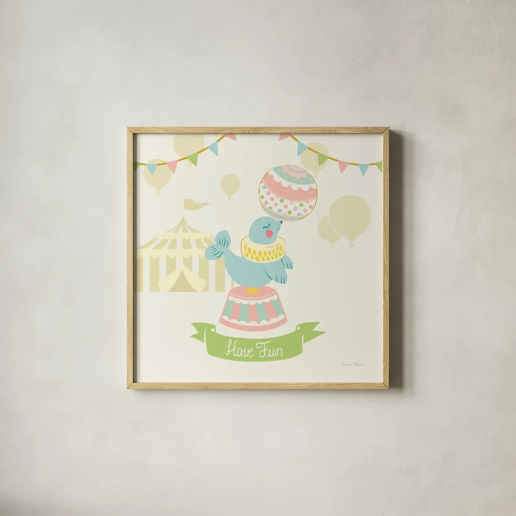 Little Circus Seal Pastel by Cleonique Hilsaca. Shown in a natural wood glass frame for a timeless modern aesthetic. Available as an archival giclee rolled canvas, fine art paper, or poster print. SKU 23930a.