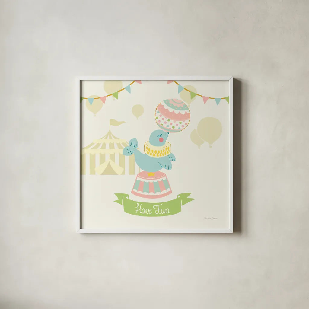 Little Circus Seal Pastel by Cleonique Hilsaca. Shown in a crisp white glass frame for a clean and minimalist style. Available as an archival giclee rolled canvas, fine art paper, or poster print. SKU 23930a.