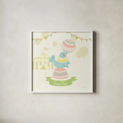 Little Circus Seal Pastel by Cleonique Hilsaca. Shown in a crisp white glass frame for a clean and minimalist style. Available as an archival giclee rolled canvas, fine art paper, or poster print. SKU 23930a.