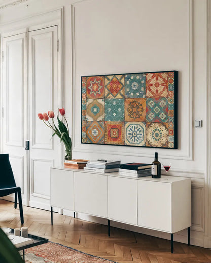 Moroccan Tiles by Cleonique Hilsaca. shown as a framed stretched canvas in a living room above a console. Available as a archival giclee rolled canvas, fine art paper, or poster print. SKU 38565i.