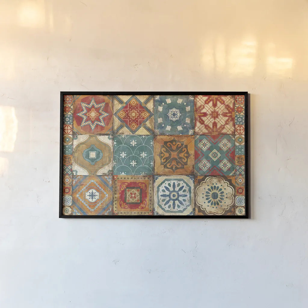 Moroccan Tiles by Cleonique Hilsaca. shown as a paper print in a black flame. Available as a archival giclee rolled canvas, fine art paper, or poster print. SKU 38565i.