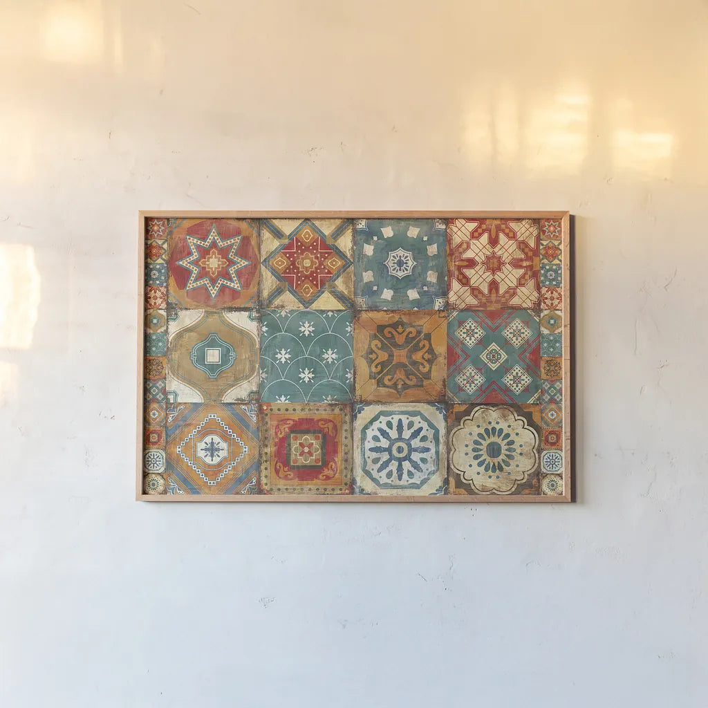 Moroccan Tiles by Cleonique Hilsaca. shown as a paper print in a natural frame. Available as a archival giclee rolled canvas, fine art paper, or poster print. SKU 38565i.