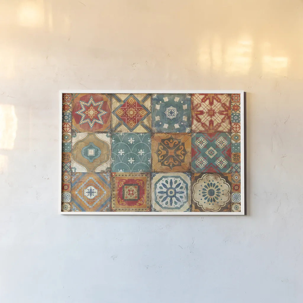 Moroccan Tiles by Cleonique Hilsaca. shown as a paper print in a white frame. Available as a archival giclee rolled canvas, fine art paper, or poster print. SKU 38565i.
