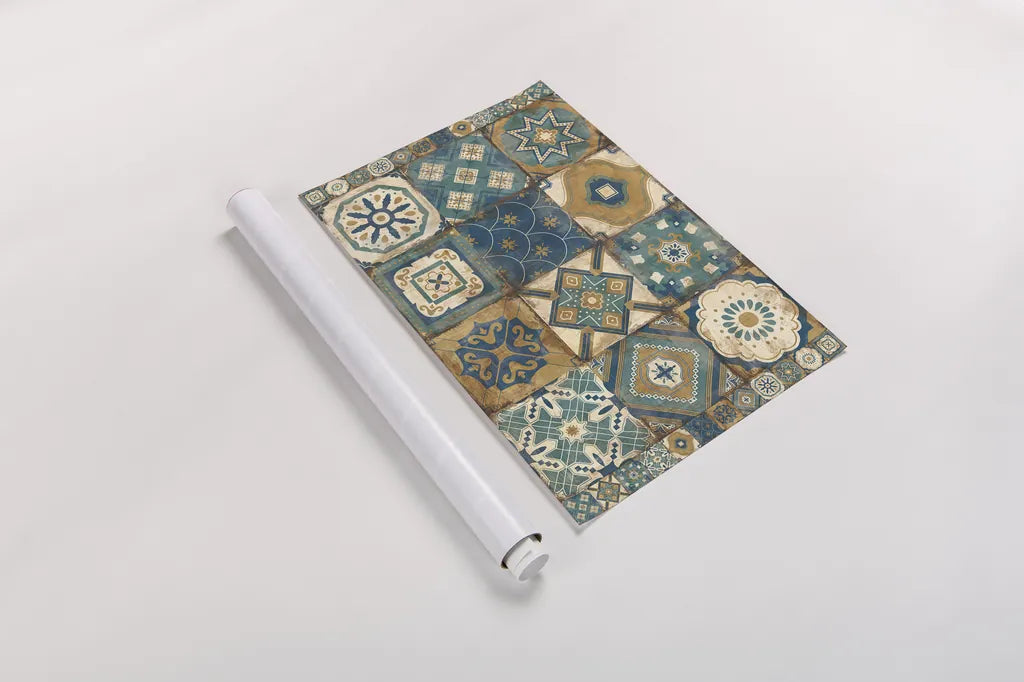 Moroccan Tiles Blue by Cleonique Hilsaca. shown as a rolled paper print. Available as archival giclee rolled canvas, fine art paper, or poster print. SKU 10511i.