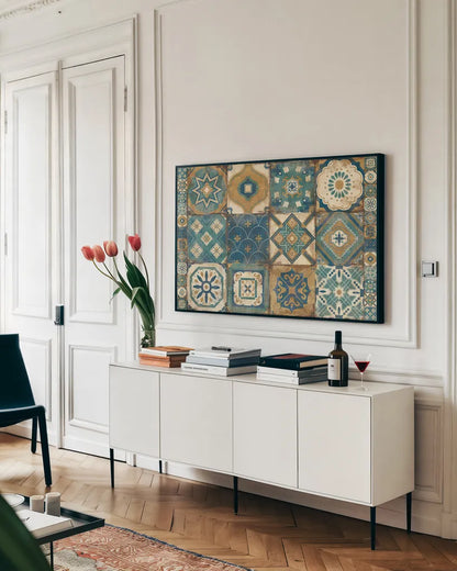 Moroccan Tiles Blue by Cleonique Hilsaca. shown as a framed stretched canvas in a living room above a console. Available as a archival giclee rolled canvas, fine art paper, or poster print. SKU 10511i.