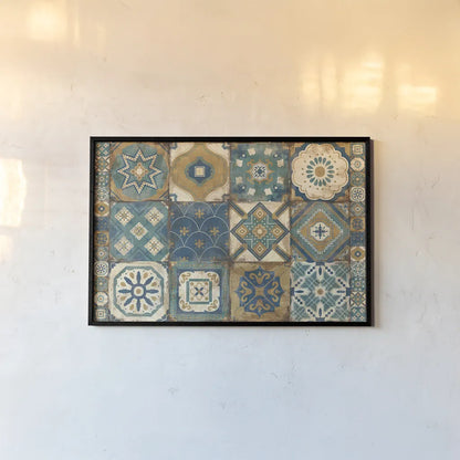 Moroccan Tiles Blue by Cleonique Hilsaca. shown as a paper print in a black flame. Available as a archival giclee rolled canvas, fine art paper, or poster print. SKU 10511i.