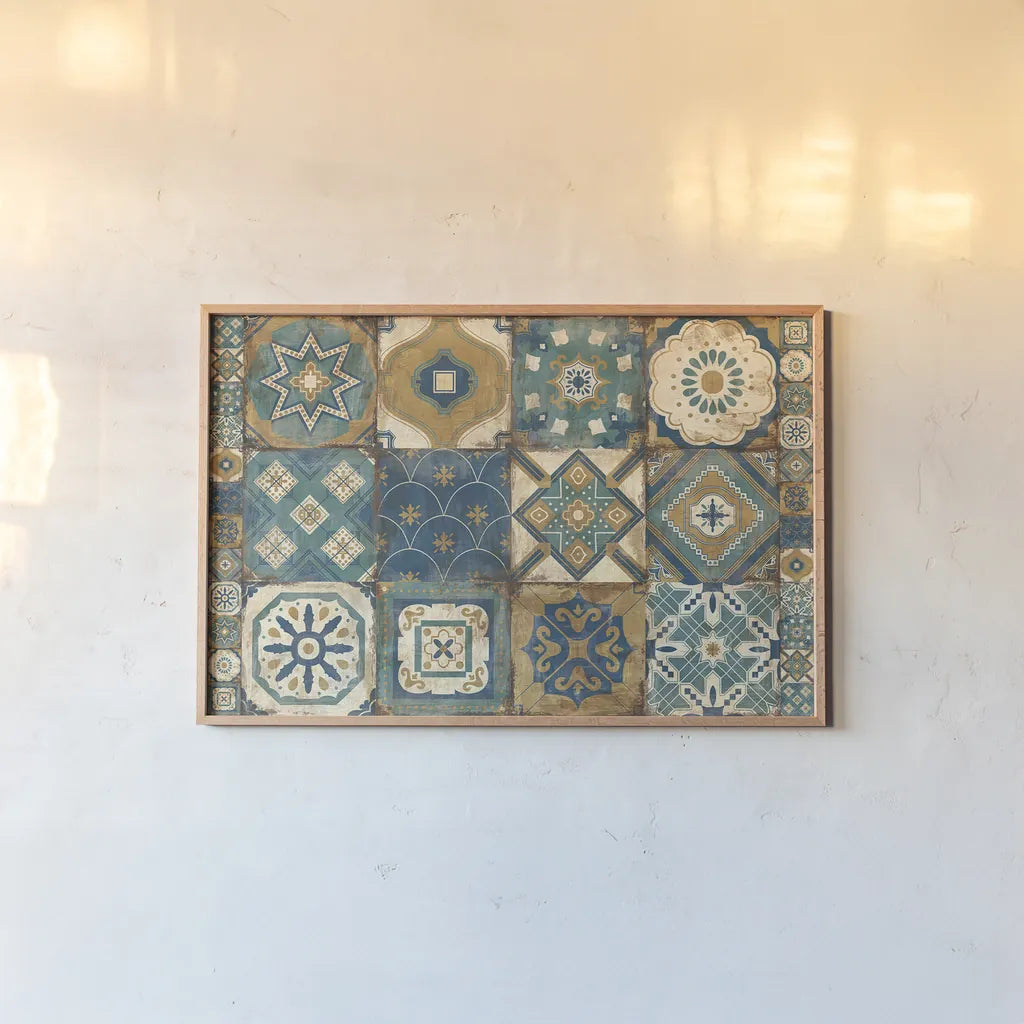 Moroccan Tiles Blue by Cleonique Hilsaca. shown as a paper print in a natural frame. Available as a archival giclee rolled canvas, fine art paper, or poster print. SKU 10511i.